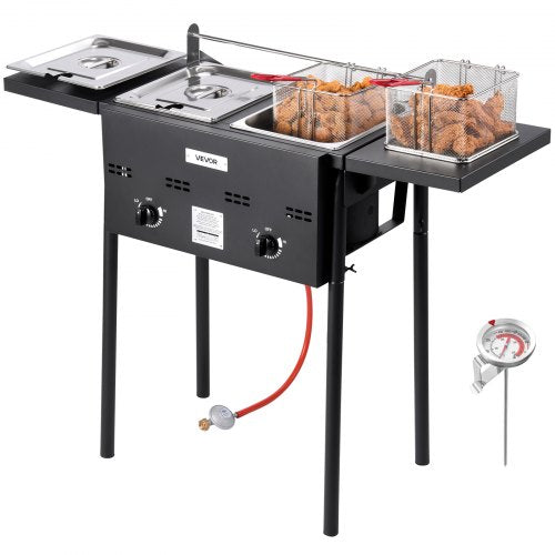 Outdoor Propane Deep Fryer, Dual-Tank 8QTx2 Commercial Fryer, Stainless Steel Cooker with Foldable Platform, Dual Basket, and Heat Adjustment, Floor Standing Fryers for Restaurant Home Snack Bar