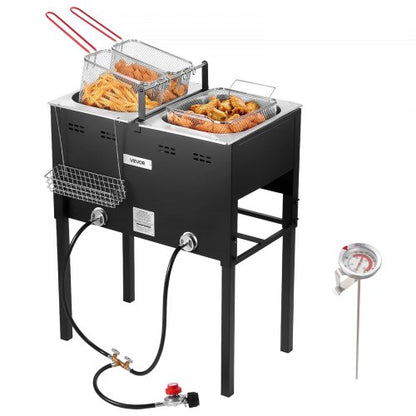 Outdoor Propane Deep Fryer, Dual-Tank 16QTx2 Large Capacity Commercial Fryer, Stainless Steel Fish Cooker with 3 Basket, Thermometer, Floor Standing Fryers for Catering Event Camping, 50,000 BTU