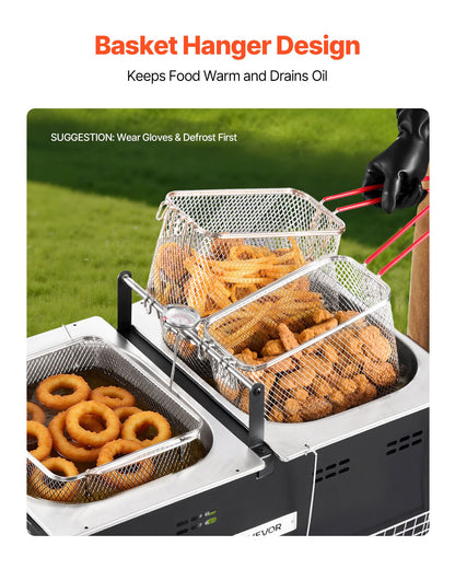 Outdoor Propane Deep Fryer, Dual-Tank 16QTx2 Large Capacity Commercial Fryer, Stainless Steel Fish Cooker with 3 Basket, Thermometer, Floor Standing Fryers for Catering Event Camping, 50,000 BTU