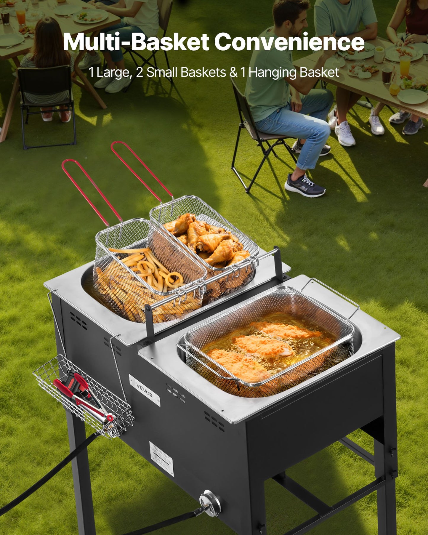 Outdoor Propane Deep Fryer, Dual-Tank 16QTx2 Large Capacity Commercial Fryer, Stainless Steel Fish Cooker with 3 Basket, Thermometer, Floor Standing Fryers for Catering Event Camping, 50,000 BTU