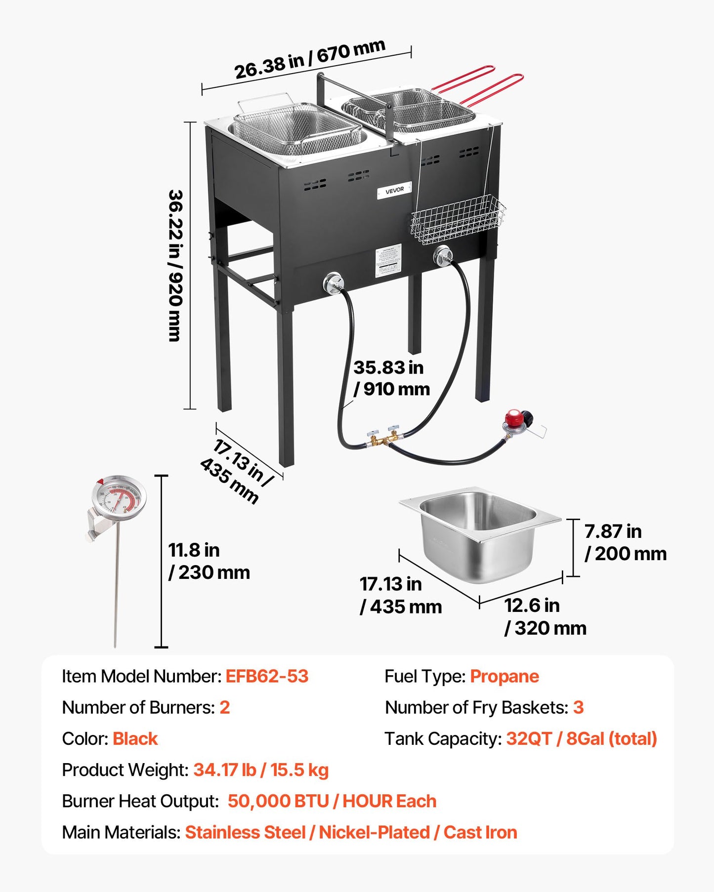 Outdoor Propane Deep Fryer, Dual-Tank 16QTx2 Large Capacity Commercial Fryer, Stainless Steel Fish Cooker with 3 Basket, Thermometer, Floor Standing Fryers for Catering Event Camping, 50,000 BTU