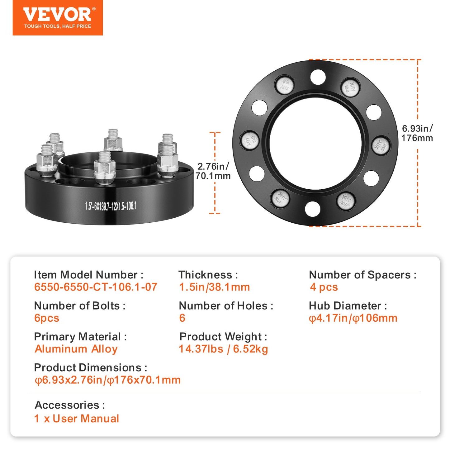 Wheel Spacers, 1.5" 6"x5.5" Wheel Adapters, 6 Lug Forged Spacer, 106.1 mm Bore Hubcentric M12 x1.5 Studs Spacers, Fit for 1996-2022 Toyota and Lexus, 4 PCS Black