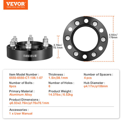 Wheel Spacers, 1.5" 6"x5.5" Wheel Adapters, 6 Lug Forged Spacer, 106.1 mm Bore Hubcentric M12 x1.5 Studs Spacers, Fit for 1996-2022 Toyota and Lexus, 4 PCS Black