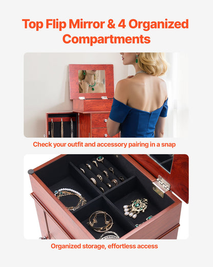 Jewelry Cabinet Armoire, Standing Wood Jewelry Storage Chest with 3 Drawers, Flip Top Mirror, 4 Top Storage Compartments, Zinc Alloy Handles, 2 Side Doors with 6 Necklace Hooks
