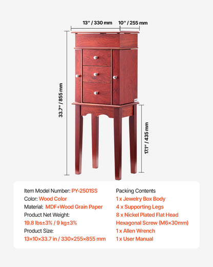 Jewelry Cabinet Armoire, Standing Wood Jewelry Storage Chest with 3 Drawers, Flip Top Mirror, 4 Top Storage Compartments, Zinc Alloy Handles, 2 Side Doors with 6 Necklace Hooks