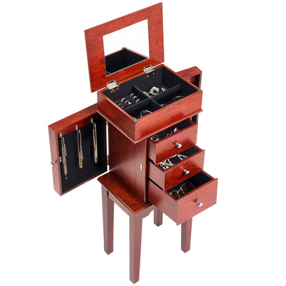 Jewelry Cabinet Armoire, Standing Wood Jewelry Storage Chest with 3 Drawers, Flip Top Mirror, 4 Top Storage Compartments, Zinc Alloy Handles, 2 Side Doors with 6 Necklace Hooks