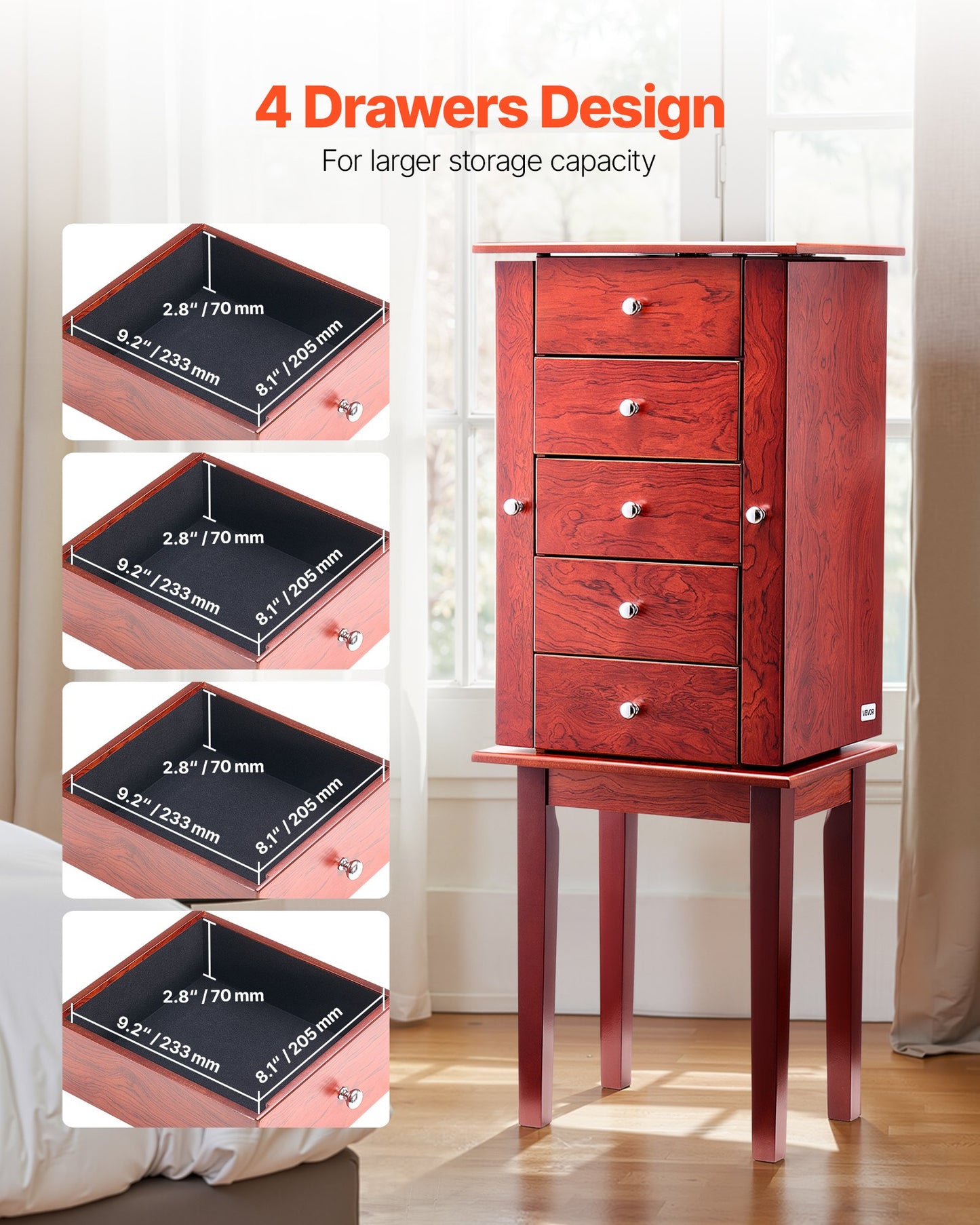 Jewelry Cabinet Armoire, Standing Wood Jewelry Storage Chest with 4 Spacious Drawers, Flip Top Mirror, 4 Top Storage Compartments, Zinc Alloy Handles, 2 Side Doors with 16 Necklace Hooks