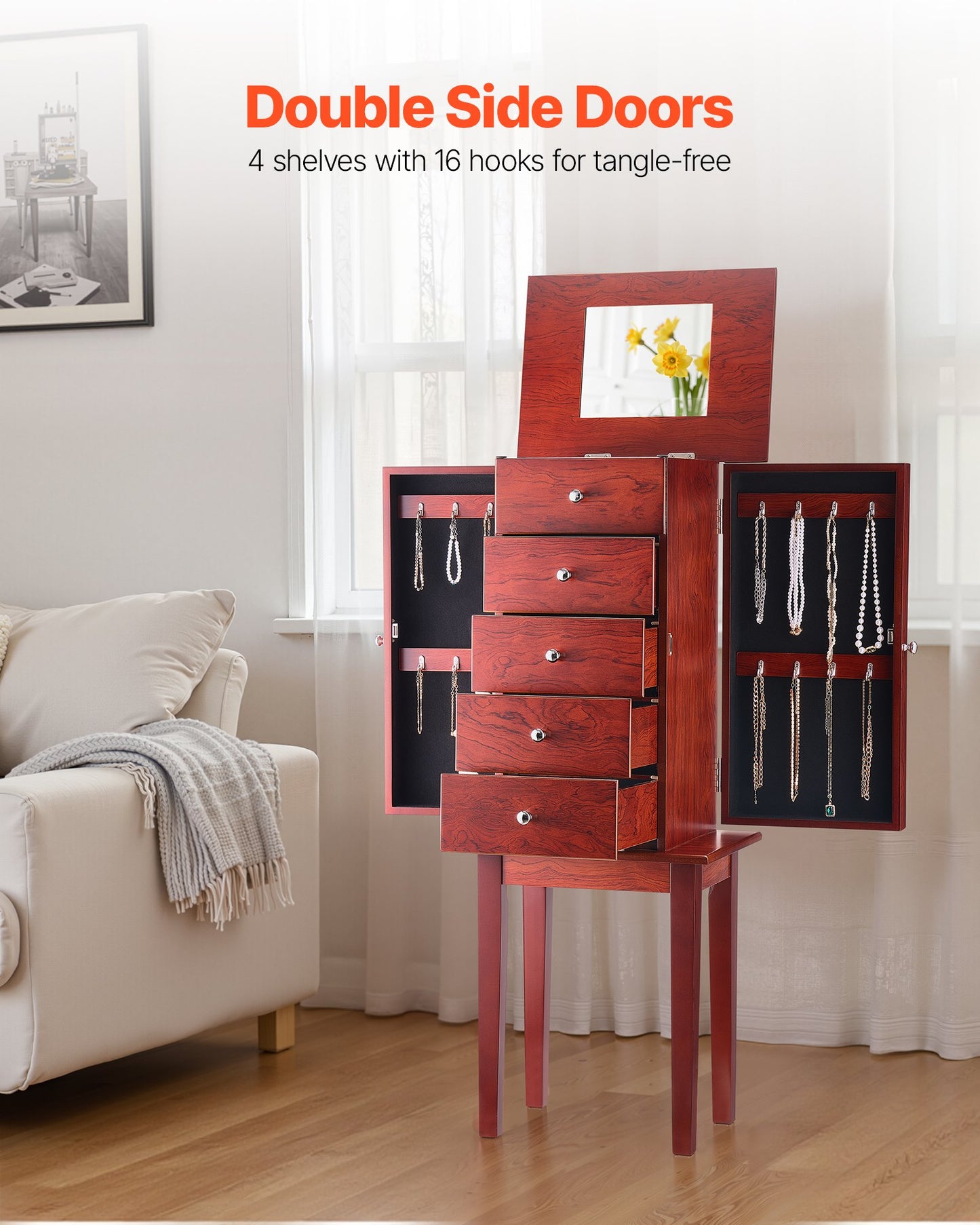 Jewelry Cabinet Armoire, Standing Wood Jewelry Storage Chest with 4 Spacious Drawers, Flip Top Mirror, 4 Top Storage Compartments, Zinc Alloy Handles, 2 Side Doors with 16 Necklace Hooks