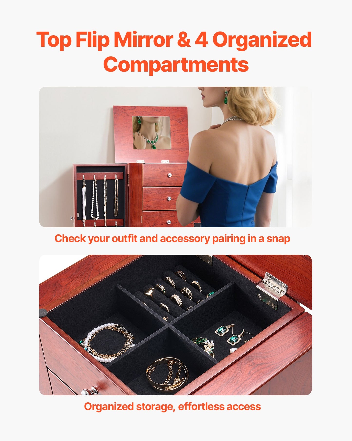 Jewelry Cabinet Armoire, Standing Wood Jewelry Storage Chest with 4 Spacious Drawers, Flip Top Mirror, 4 Top Storage Compartments, Zinc Alloy Handles, 2 Side Doors with 16 Necklace Hooks