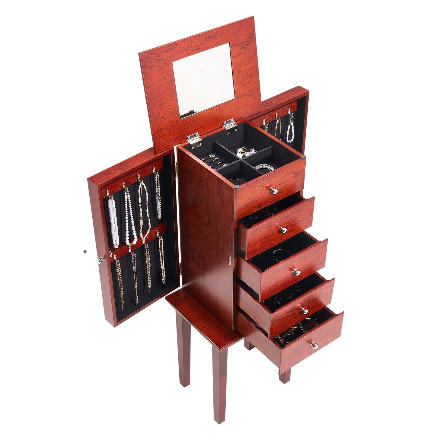 Jewelry Cabinet Armoire, Standing Wood Jewelry Storage Chest with 4 Spacious Drawers, Flip Top Mirror, 4 Top Storage Compartments, Zinc Alloy Handles, 2 Side Doors with 16 Necklace Hooks