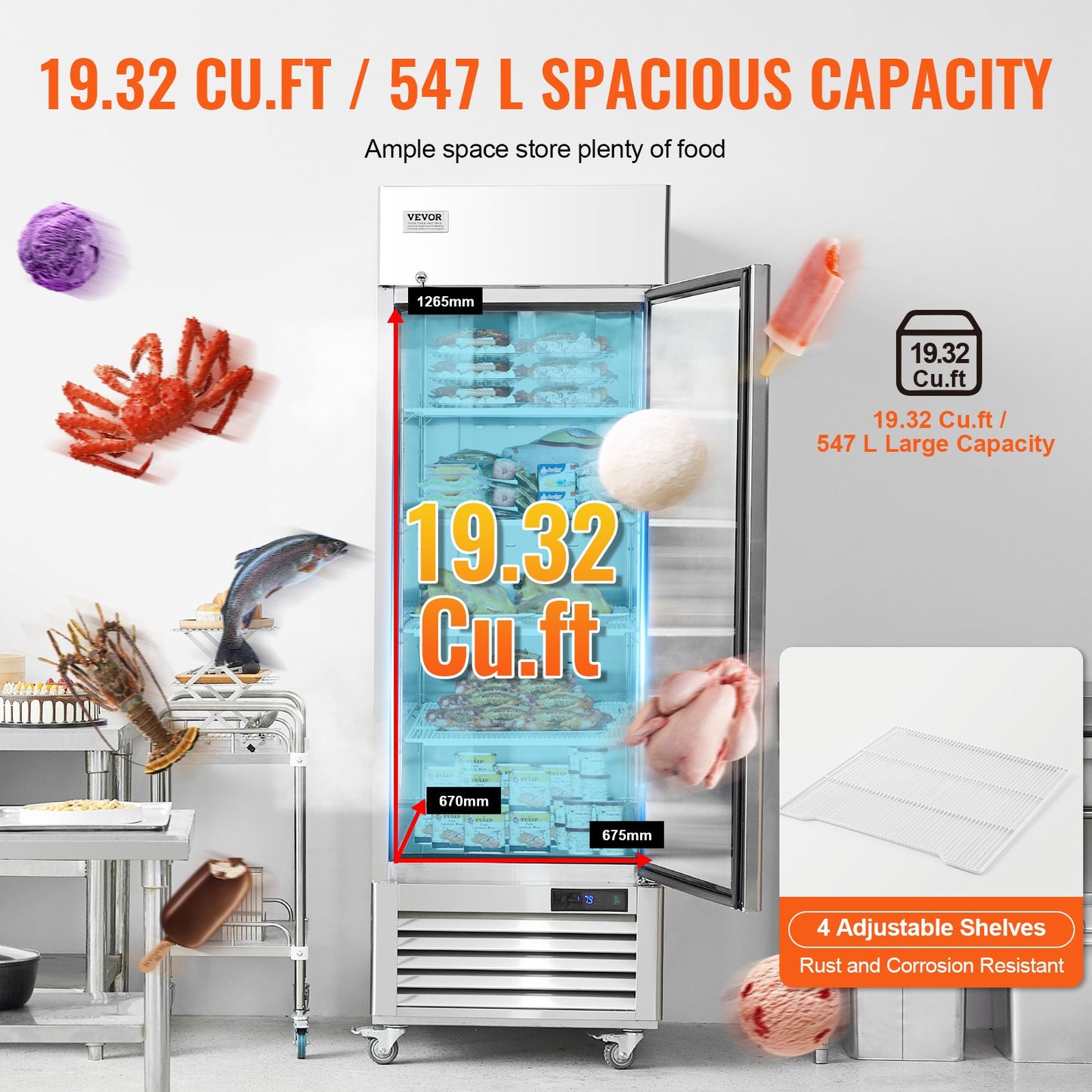 Commercial Freezer 19.32 Cu.ft, Reach In 27" W Upright Freezer Single Door, Auto-Defrost Stainless Steel Reach-in Freezer with 4 Adjustable Shelves, -13 to 5℉ Temp Control, LED Light, 4 Wheels
