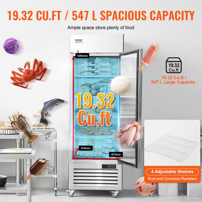 Commercial Freezer 19.32 Cu.ft, Reach In 27" W Upright Freezer Single Door, Auto-Defrost Stainless Steel Reach-in Freezer with 4 Adjustable Shelves, -13 to 5℉ Temp Control, LED Light, 4 Wheels