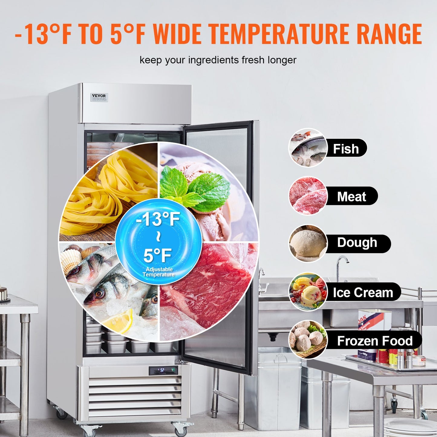 Commercial Freezer 19.32 Cu.ft, Reach In 27" W Upright Freezer Single Door, Auto-Defrost Stainless Steel Reach-in Freezer with 4 Adjustable Shelves, -13 to 5℉ Temp Control, LED Light, 4 Wheels