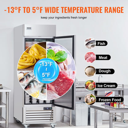 Commercial Freezer 19.32 Cu.ft, Reach In 27" W Upright Freezer Single Door, Auto-Defrost Stainless Steel Reach-in Freezer with 4 Adjustable Shelves, -13 to 5℉ Temp Control, LED Light, 4 Wheels