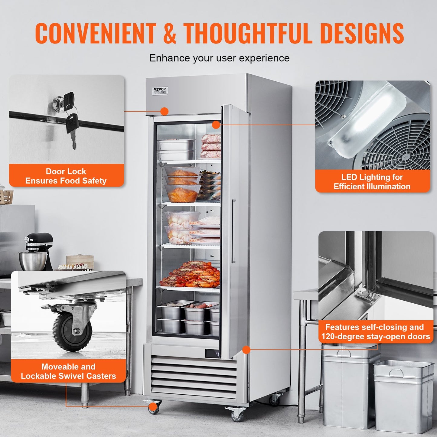Gewerbe-Gefrierschrank 20,12 Kubikfuß, Reichweite im Gefrierschrank mit Einzeltür, automatisches Abtauen, Edelstahl-Gefrierschrank mit 3 verstellbaren Ablagen, Temperaturregelung von -13 bis 5℉ und 4 Rädern