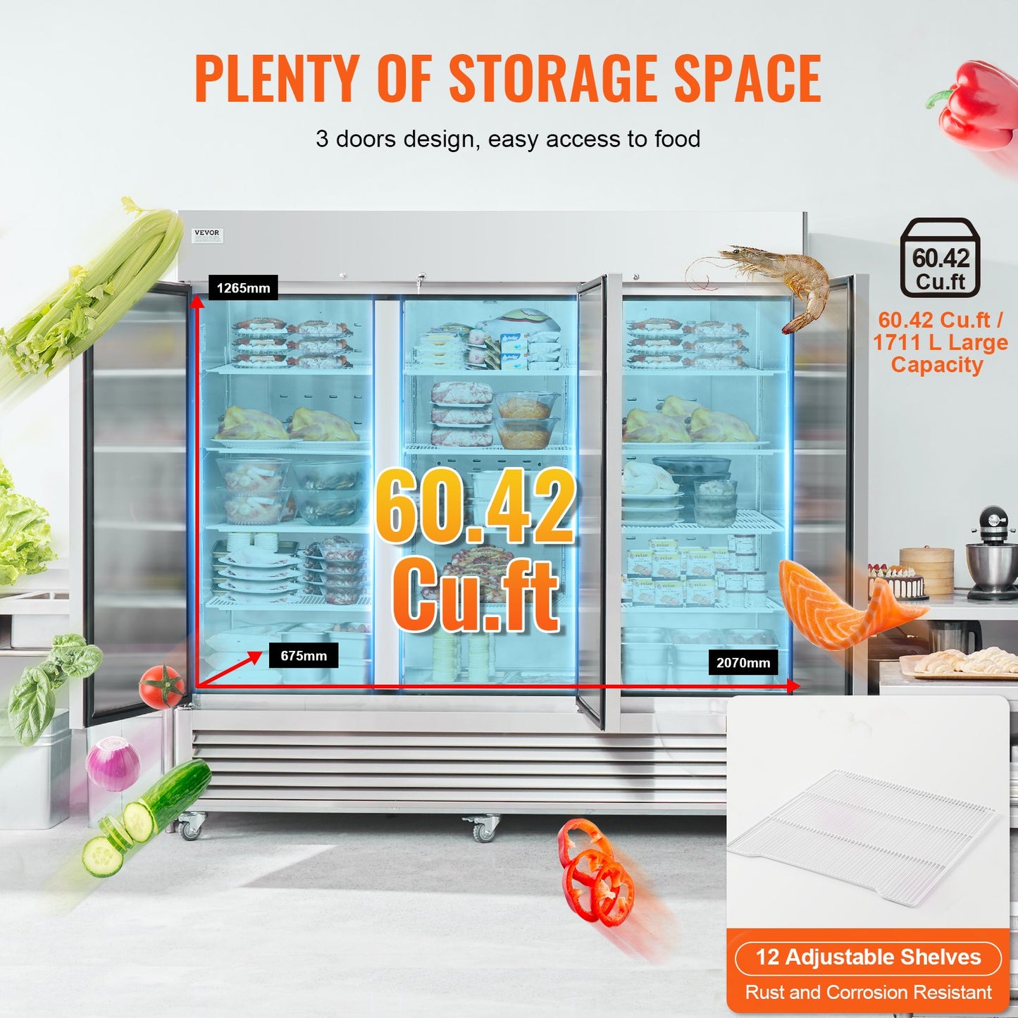Commercial Freezer 60.42 Cu.ft, Reach In 82.5" W Upright Freezer 3 Doors, Auto-Defrost Stainless Steel Reach-in Freezer with 12 Adjustable Shelves, -13 to 5℉ Temp Control, LED Lighting, 4 Wheels