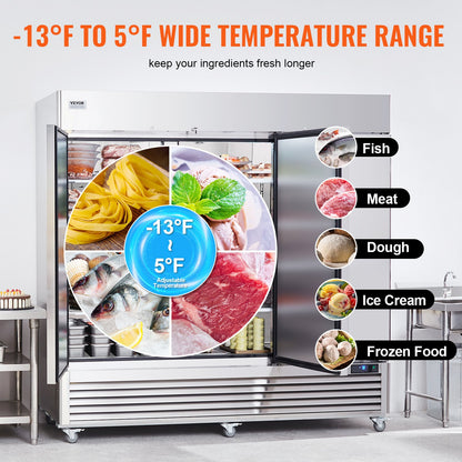 Commercial Freezer 60.42 Cu.ft, Reach In 82.5" W Upright Freezer 3 Doors, Auto-Defrost Stainless Steel Reach-in Freezer with 12 Adjustable Shelves, -13 to 5℉ Temp Control, LED Lighting, 4 Wheels