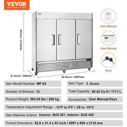 Commercial Freezer 60.42 Cu.ft, Reach In 82.5" W Upright Freezer 3 Doors, Auto-Defrost Stainless Steel Reach-in Freezer with 12 Adjustable Shelves, -13 to 5℉ Temp Control, LED Lighting, 4 Wheels