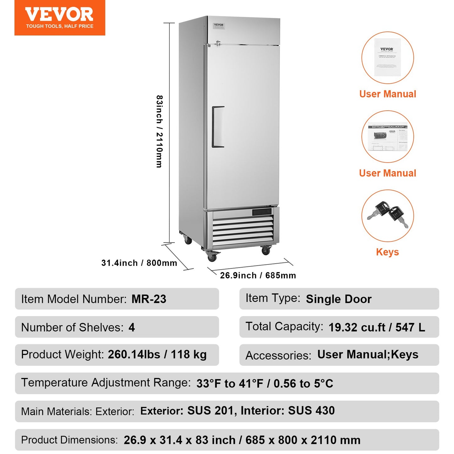 Gewerbekühlschrank 20,12 Kubikfuß, Kühlschrank zum Hineingreifen, Einzeltür, automatisches Abtauen, Edelstahl-Kühlschrank zum Hineingreifen mit 3 Ablagen, Temperaturregelung von -2,4 bis 8 °C und 4 Rädern