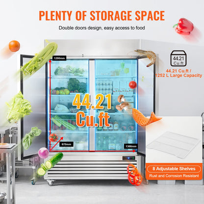Commercial Refrigerator 44.21 Cu.ft, Reach In 54.4" W Upright Refrigerator 2 Doors, Auto-Defrost Stainless Steel Reach-in Refrigerator with 8 Shelves, 33 to 41℉ Temp Control, LED Light, 4 Wheels