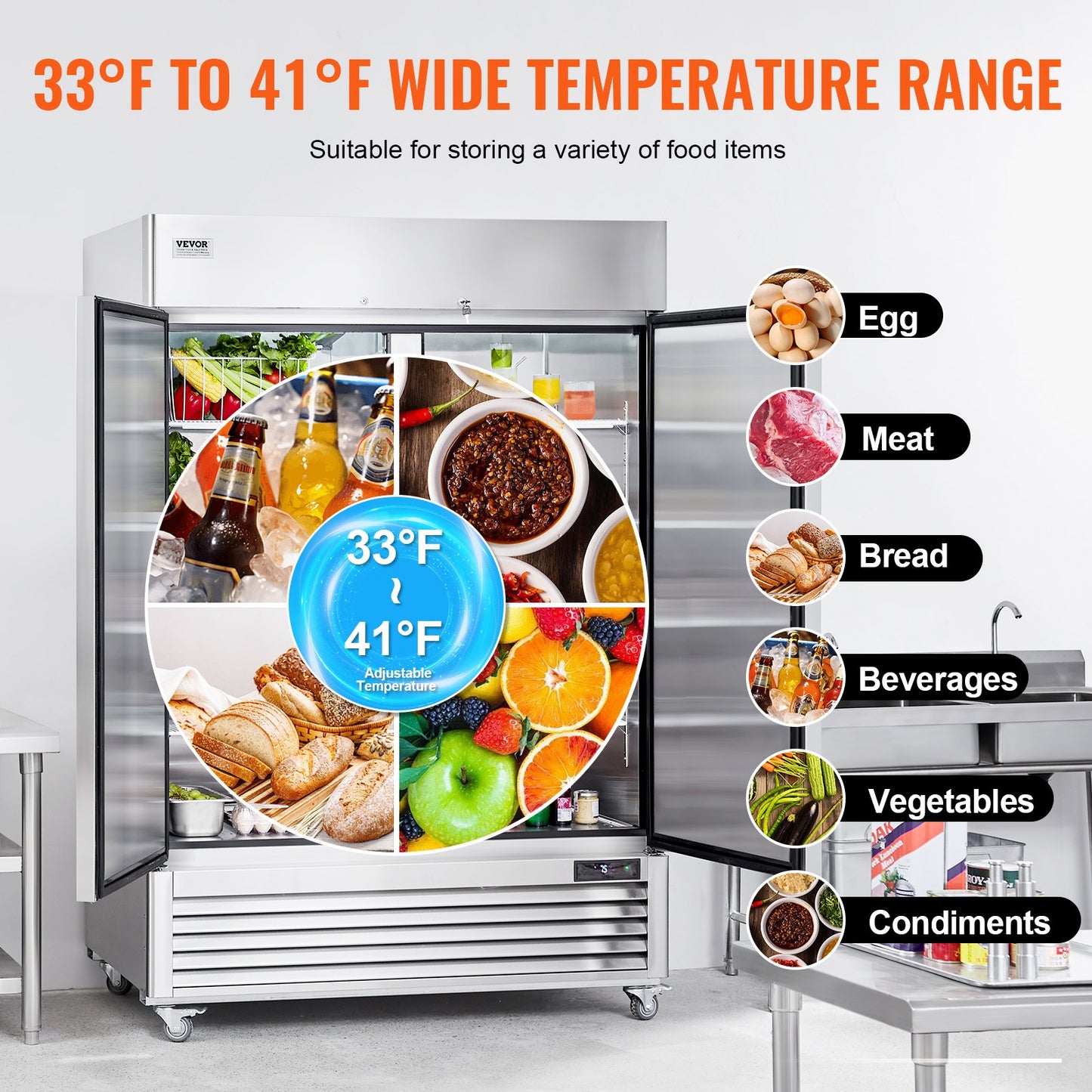 Commercial Refrigerator 44.21 Cu.ft, Reach In 54.4" W Upright Refrigerator 2 Doors, Auto-Defrost Stainless Steel Reach-in Refrigerator with 8 Shelves, 33 to 41℉ Temp Control, LED Light, 4 Wheels