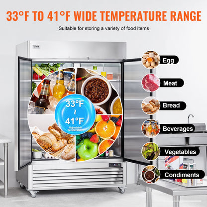 Commercial Refrigerator 44.21 Cu.ft, Reach In 54.4" W Upright Refrigerator 2 Doors, Auto-Defrost Stainless Steel Reach-in Refrigerator with 8 Shelves, 33 to 41℉ Temp Control, LED Light, 4 Wheels