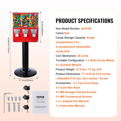 Commercial Vending Machine, Triple Compartment Candy Dispenser with Iron Stand, Gumball and Candy Machine for Business, Coin Operated Gumball Bank for Toy Capsules Bouncy Balls Candy Nut, Red