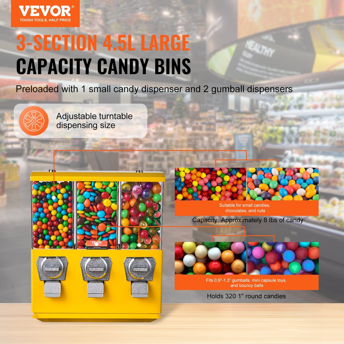 Commercial Vending Machine, Triple Compartment Candy Dispenser with Iron Stand, Gumball and Candy Machine for Business, Coin Operated Gumball Bank for Toy Capsules Bouncy Balls Candy Nut, Yellow