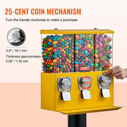 Commercial Vending Machine, Triple Compartment Candy Dispenser with Iron Stand, Gumball and Candy Machine for Business, Coin Operated Gumball Bank for Toy Capsules Bouncy Balls Candy Nut, Yellow