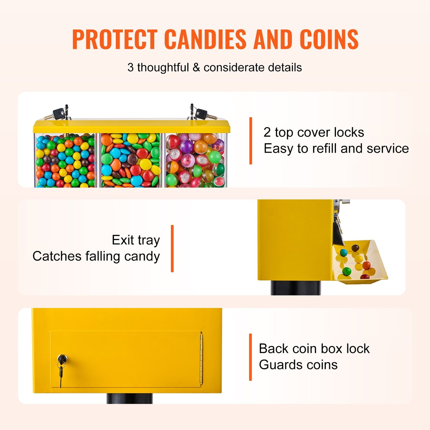 Commercial Vending Machine, Triple Compartment Candy Dispenser with Iron Stand, Gumball and Candy Machine for Business, Coin Operated Gumball Bank for Toy Capsules Bouncy Balls Candy Nut, Yellow