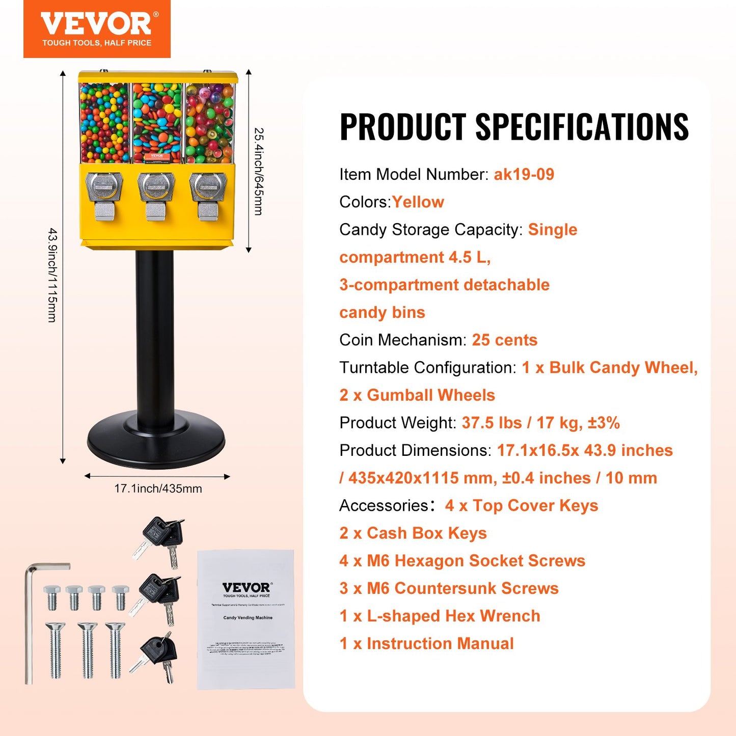 Commercial Vending Machine, Triple Compartment Candy Dispenser with Iron Stand, Gumball and Candy Machine for Business, Coin Operated Gumball Bank for Toy Capsules Bouncy Balls Candy Nut, Yellow