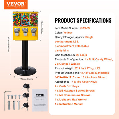Commercial Vending Machine, Triple Compartment Candy Dispenser with Iron Stand, Gumball and Candy Machine for Business, Coin Operated Gumball Bank for Toy Capsules Bouncy Balls Candy Nut, Yellow