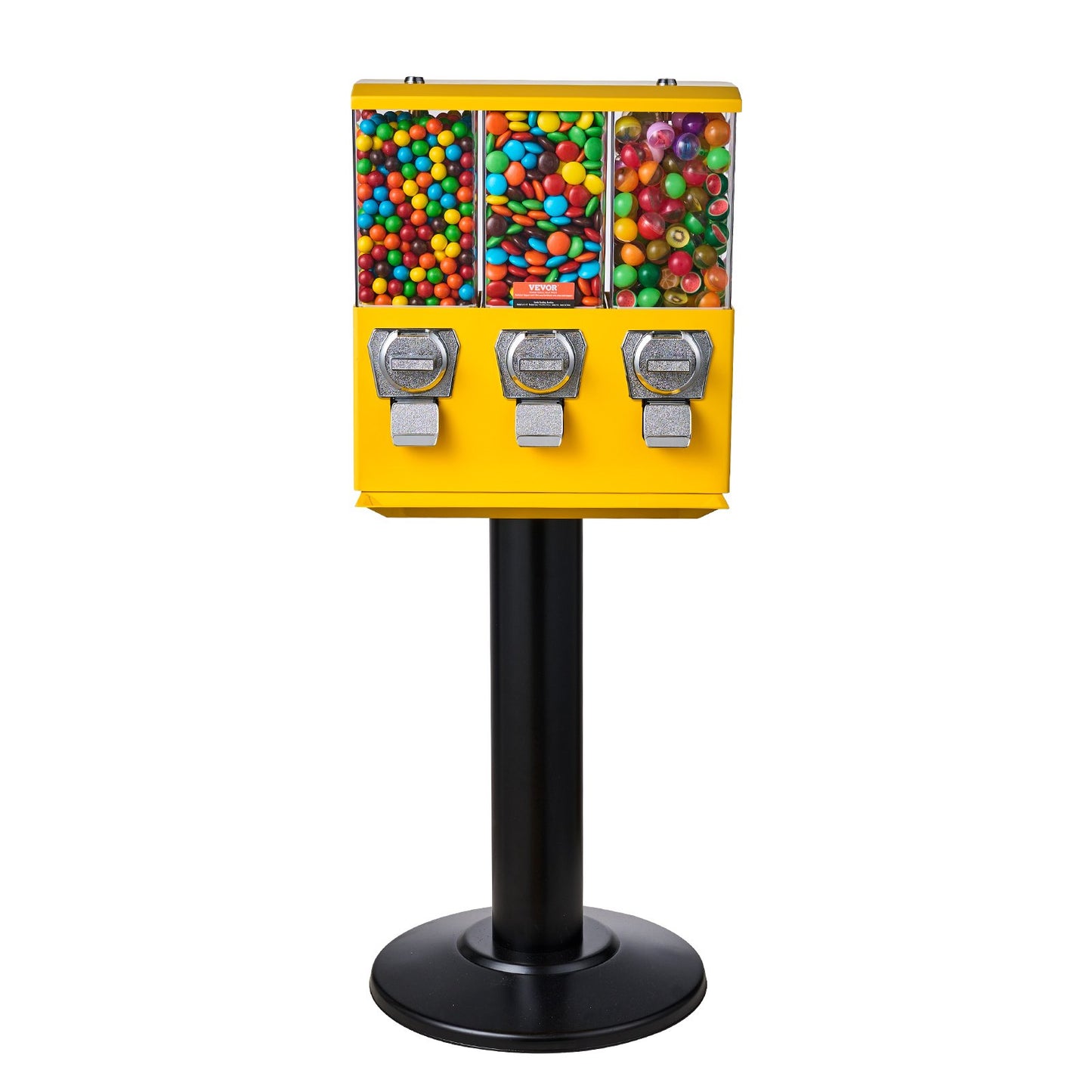 Commercial Vending Machine, Triple Compartment Candy Dispenser with Iron Stand, Gumball and Candy Machine for Business, Coin Operated Gumball Bank for Toy Capsules Bouncy Balls Candy Nut, Yellow