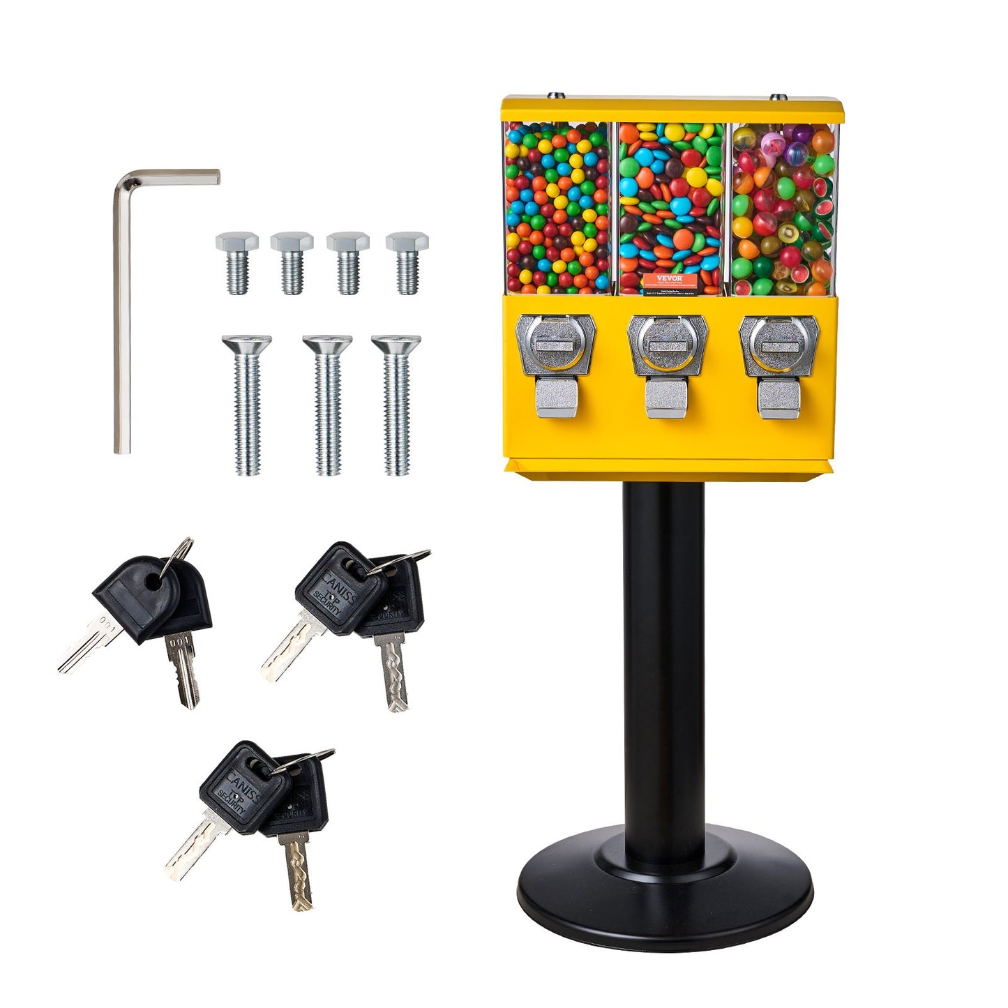 Commercial Vending Machine, Triple Compartment Candy Dispenser with Iron Stand, Gumball and Candy Machine for Business, Coin Operated Gumball Bank for Toy Capsules Bouncy Balls Candy Nut, Yellow