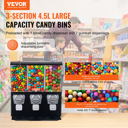 Commercial Vending Machine, Triple Compartment Candy Dispenser with Iron Stand, Gumball and Candy Machine for Business, Coin Operated Gumball Bank for Toy Capsules Bouncy Balls Candy Nut, Black