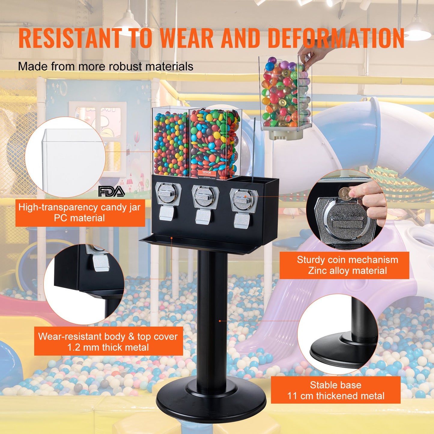 Commercial Vending Machine, Triple Compartment Candy Dispenser with Iron Stand, Gumball and Candy Machine for Business, Coin Operated Gumball Bank for Toy Capsules Bouncy Balls Candy Nut, Black