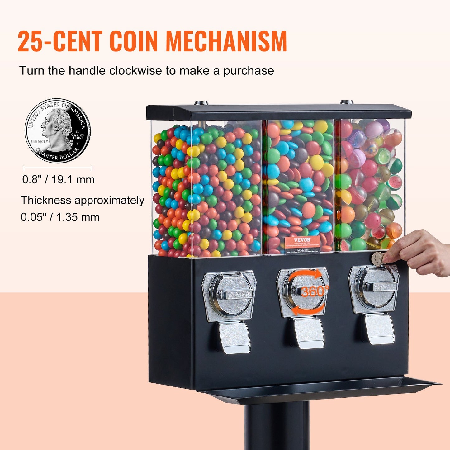 Commercial Vending Machine, Triple Compartment Candy Dispenser with Iron Stand, Gumball and Candy Machine for Business, Coin Operated Gumball Bank for Toy Capsules Bouncy Balls Candy Nut, Black