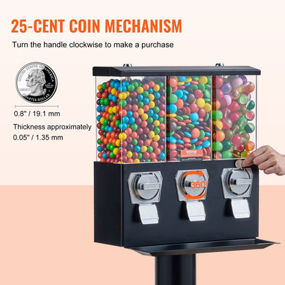 Commercial Vending Machine, Triple Compartment Candy Dispenser with Iron Stand, Gumball and Candy Machine for Business, Coin Operated Gumball Bank for Toy Capsules Bouncy Balls Candy Nut, Black