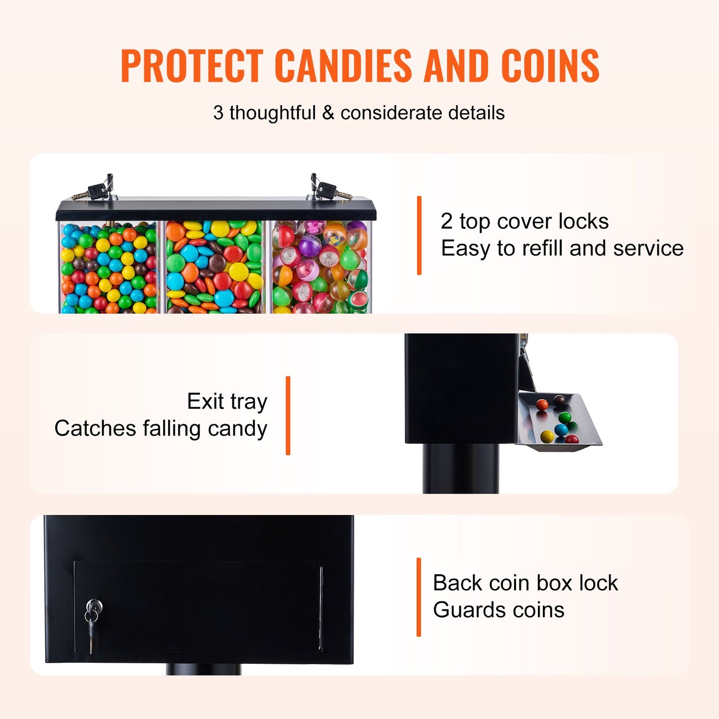 Commercial Vending Machine, Triple Compartment Candy Dispenser with Iron Stand, Gumball and Candy Machine for Business, Coin Operated Gumball Bank for Toy Capsules Bouncy Balls Candy Nut, Black