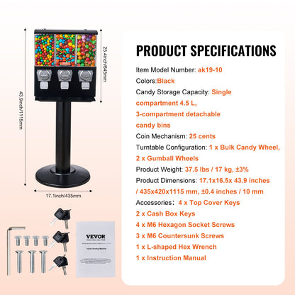Commercial Vending Machine, Triple Compartment Candy Dispenser with Iron Stand, Gumball and Candy Machine for Business, Coin Operated Gumball Bank for Toy Capsules Bouncy Balls Candy Nut, Black