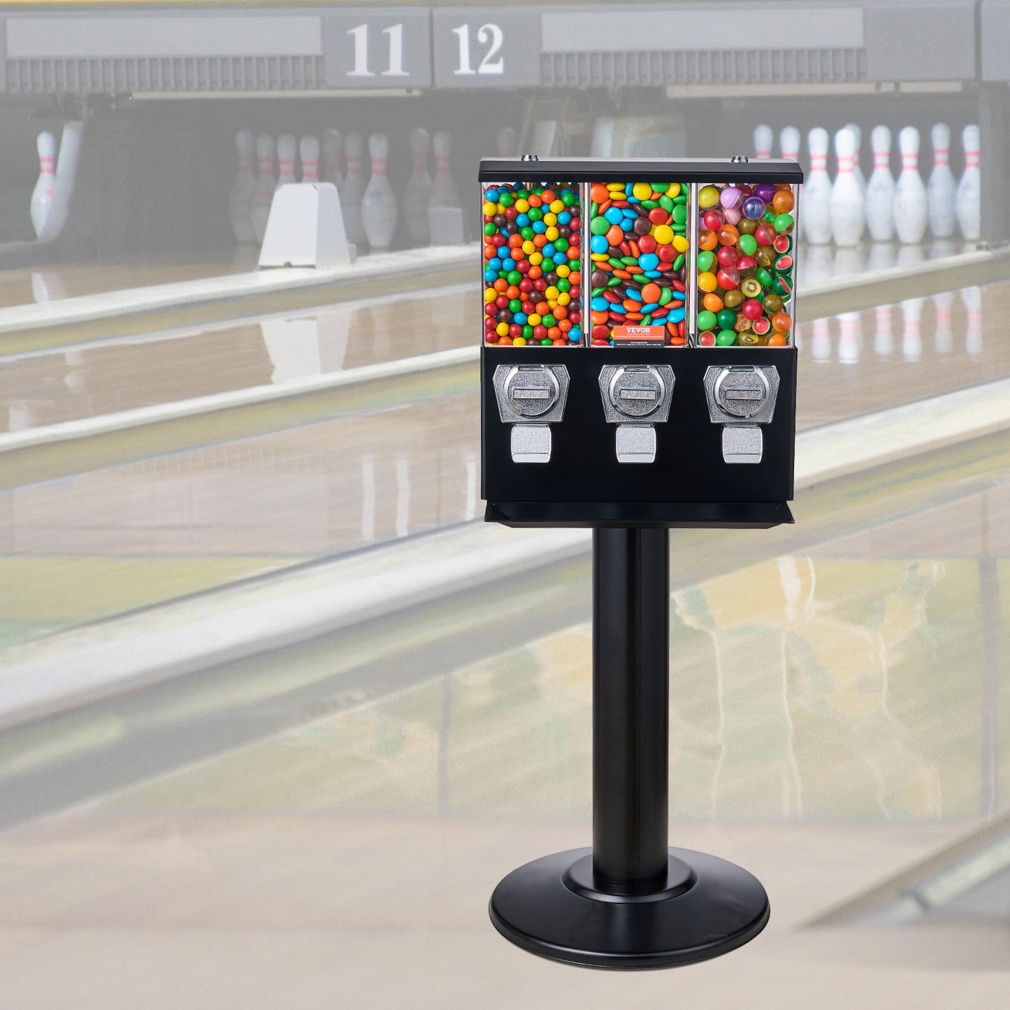 Commercial Vending Machine, Triple Compartment Candy Dispenser with Iron Stand, Gumball and Candy Machine for Business, Coin Operated Gumball Bank for Toy Capsules Bouncy Balls Candy Nut, Black