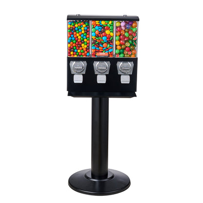 Commercial Vending Machine, Triple Compartment Candy Dispenser with Iron Stand, Gumball and Candy Machine for Business, Coin Operated Gumball Bank for Toy Capsules Bouncy Balls Candy Nut, Black