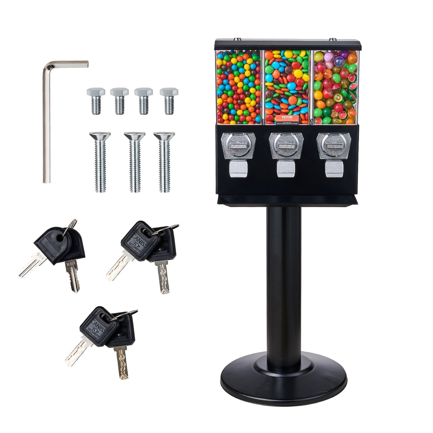 Commercial Vending Machine, Triple Compartment Candy Dispenser with Iron Stand, Gumball and Candy Machine for Business, Coin Operated Gumball Bank for Toy Capsules Bouncy Balls Candy Nut, Black