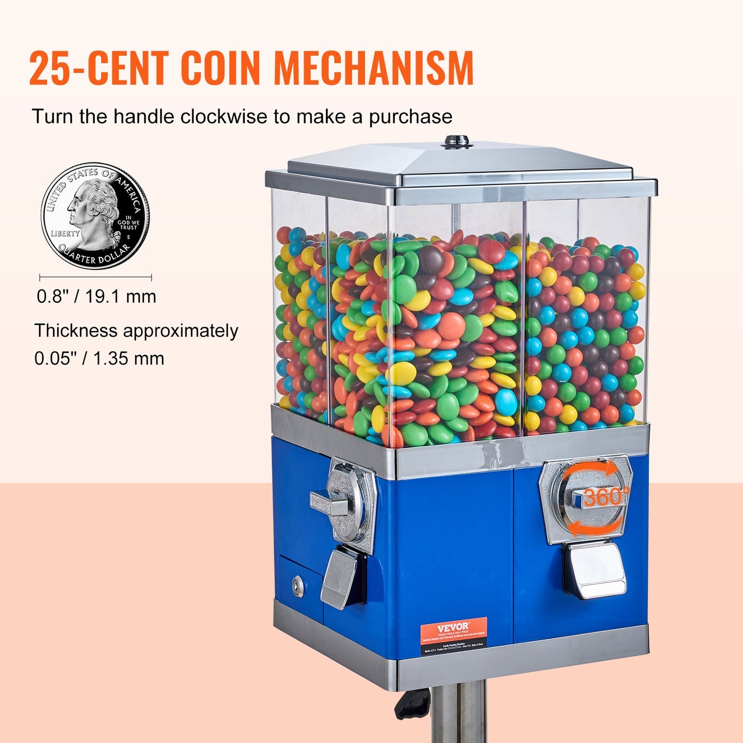 Commercial Vending Machine, Four Compartment Rotatable Gumball and Candy Dispenser, Adjustable Height Coin Operated Candy Bank with Iron Stand, for Business Toy Capsules Bouncy Balls Nut, Blue