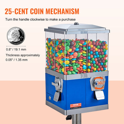 Commercial Vending Machine, Four Compartment Rotatable Gumball and Candy Dispenser, Adjustable Height Coin Operated Candy Bank with Iron Stand, for Business Toy Capsules Bouncy Balls Nut, Blue