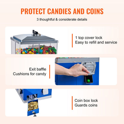 Commercial Vending Machine, Four Compartment Rotatable Gumball and Candy Dispenser, Adjustable Height Coin Operated Candy Bank with Iron Stand, for Business Toy Capsules Bouncy Balls Nut, Blue