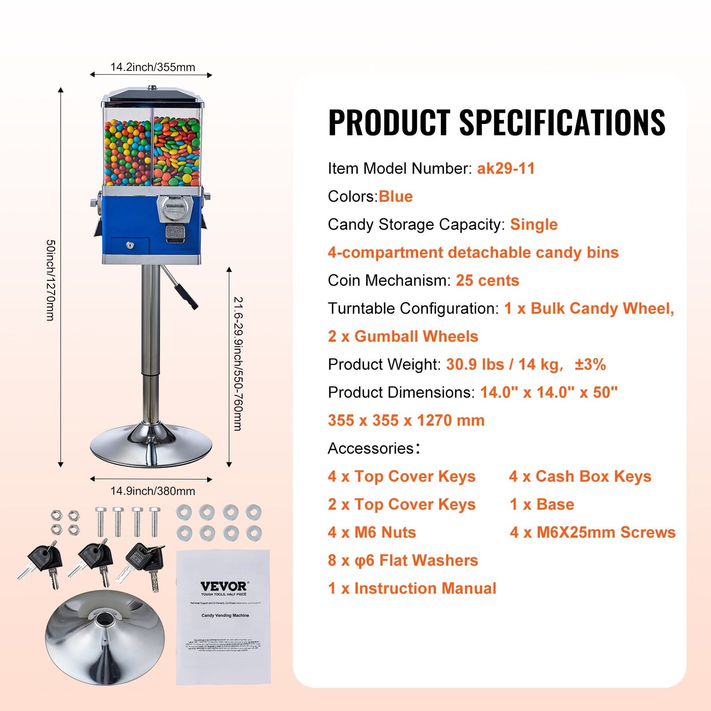 Commercial Vending Machine, Four Compartment Rotatable Gumball and Candy Dispenser, Adjustable Height Coin Operated Candy Bank with Iron Stand, for Business Toy Capsules Bouncy Balls Nut, Blue