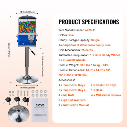 Commercial Vending Machine, Four Compartment Rotatable Gumball and Candy Dispenser, Adjustable Height Coin Operated Candy Bank with Iron Stand, for Business Toy Capsules Bouncy Balls Nut, Blue