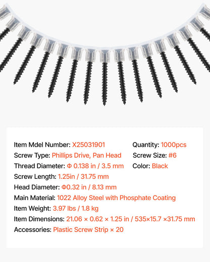 Screws, #6 x 1-1/4 inch Length Drywall to Wood Collated Screw, All Purpose High-Hardness Alloy Steel Self Drilling Drywall Screws, for Home DIY, Space Renovation(1000 per Box)