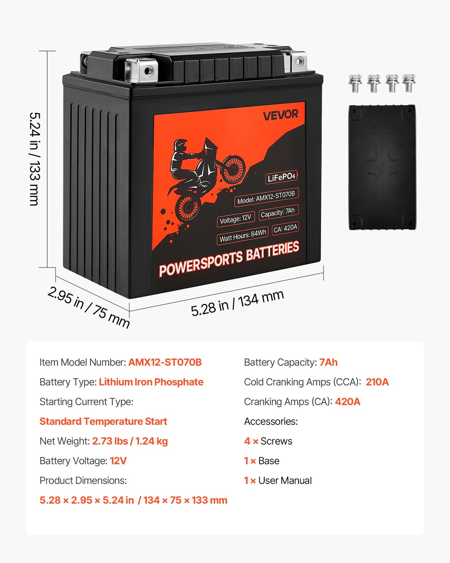 Motorcycle Battery, 12 Volt 7Ah, LiFePO4 Lithium Pre-Charged Powersports Battery, Maintenance Free & High Performance, Compatible with ATV, Motorcycle, Jet Skis, Scooter, UTV, and More
